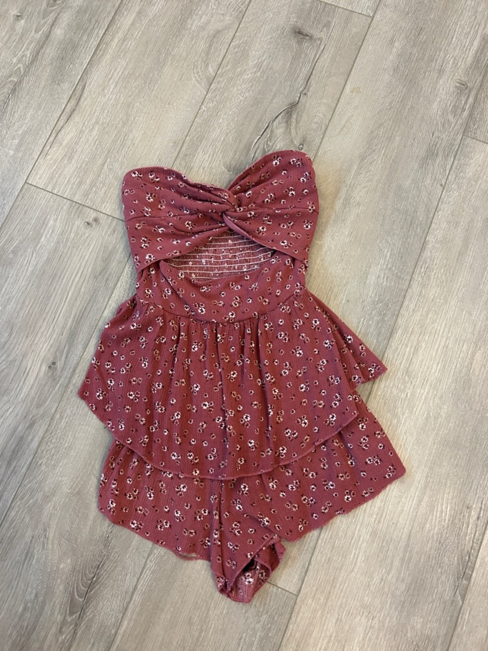 Altar'd State Girls' Burgundy Floral Strapless Tiered Romper